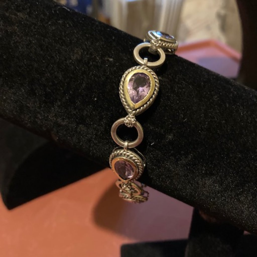 Sterling Silver 18k Gold Pen Plated And Amethyst Bracelet
